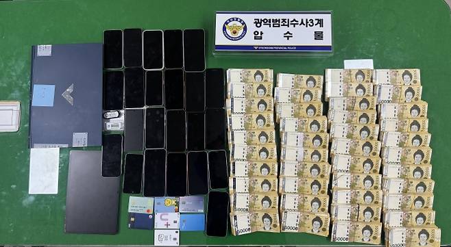경찰이 불법 사금융업체에서 압수한 휴대폰과 현금. 2026.10.15. 경남경찰청 제공