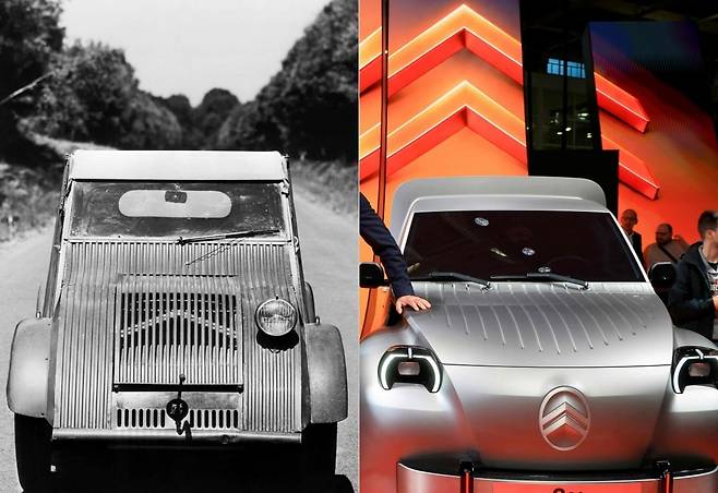 1939년형 시트로엥 2CV 프로토타입(왼쪽)과 2026 파리 모터쇼에서 공개된 시트로엥 2CV 푸르곤네트. 사진=AFP