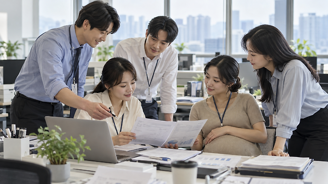 화기애애한 직장 분위기.&nbsp;생성형 AI ‘챗GPT’로 만든 이미지