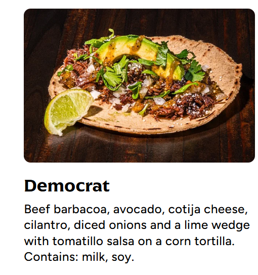 카스티요가 주문했던 소고기 볼살이 들어간 '더 데모크렛' 타코. Torchy's Tacos 웹사이트