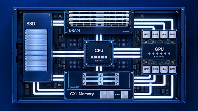 낸드(SSD)와 D램, 중앙처리장치(CPU), 그래픽처리장치(GPU), 고대역폭메모리(HBM), CXL 메모리의 배치를 나타낸 AI 서버 구성도. SSD는 대용량 데이터를 저장하고 HBM은 GPU에 높은 대역폭을 제공한다. 각 반도체의 기능과 수익구조는 구분된다. 사진=AI 서버 구성 이미지