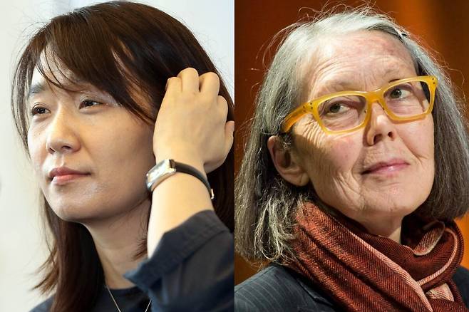 (왼쪽) 한국 작가 최초로 노벨문학상을 받은 소설가 한강. 연합뉴스 (오른쪽) 2026년 노벨문학상 수상자로 결정된 캐나다 시인 앤 카슨. AFP 연합뉴스