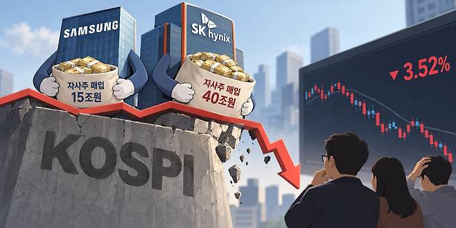 삼성전자·SK하이닉스와 무너지는 코스피. /일러스트=챗GPT 달리