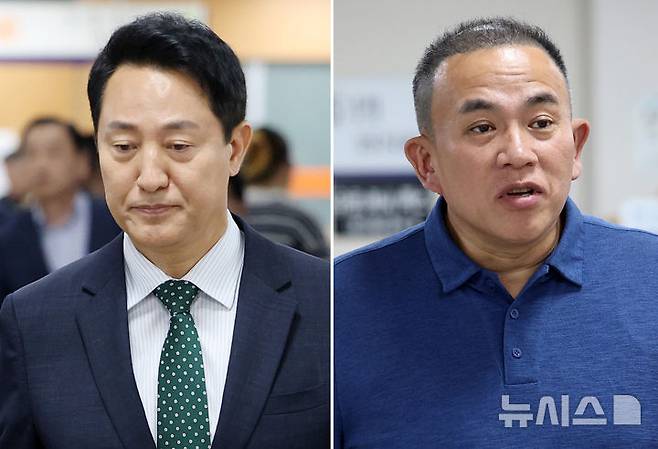 [서울=뉴시스] 이영환 기자 = 여론조사비 대납 의혹으로 재판에 넘겨진 오세훈(왼쪽사진) 서울시장이 지난 8월 28일 오후 서울 서초구 서울고법에서 열린 항소심 2차 공판에 출석하고 있다. 오른쪽 사진은 같은 재판에 증인으로 출석하는 명태균씨. 2026.10.23. 20hwan@newsis.com