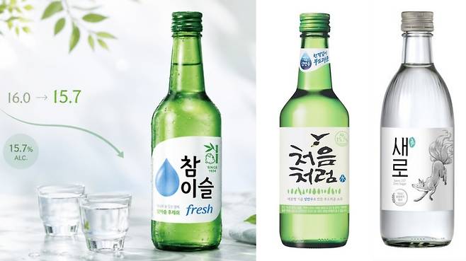 국내 주류업체들이 소주 도수를 잇달아 낮추면서 대부분 주요 소주 도수가 15.7도까지 낮아졌다. (사진=각 사)