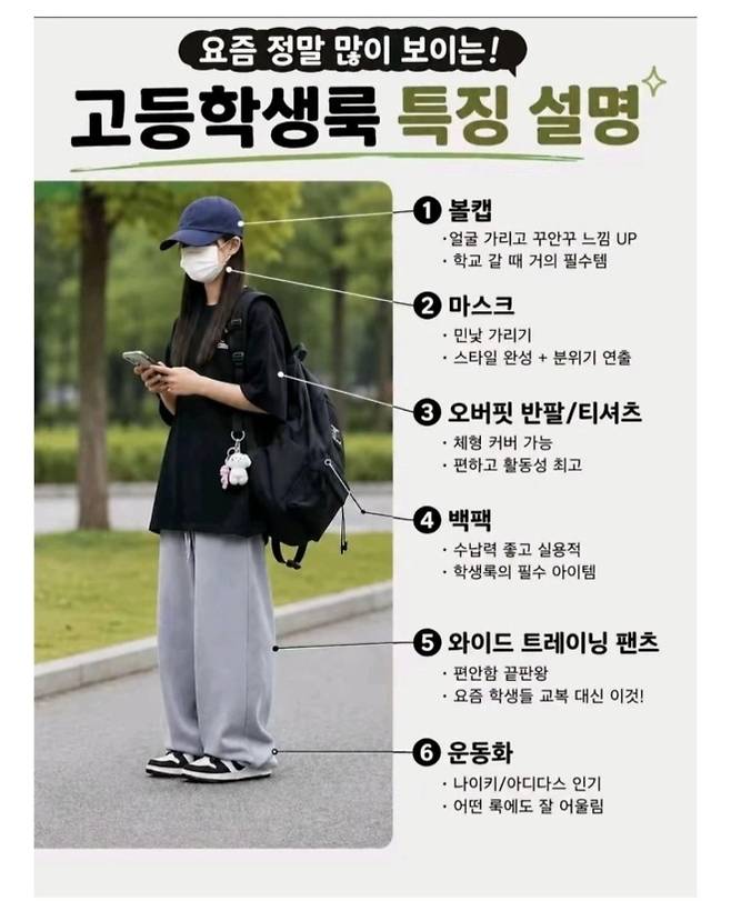 온라인 커뮤니티 등에 공유되는 ‘요즘 고등학생 패션’. 푹 눌러쓴 모자와 검정색·회색 계열의 트레이닝복과 더불어 얼굴을 가린 마스크가 필수다. 자료 : 온라인 커뮤니티