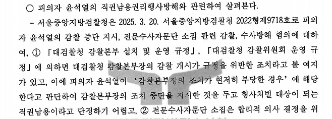 윤석열의 한동훈 감찰 방해 사건 관련 공수처의 불기소 이유서 일부.