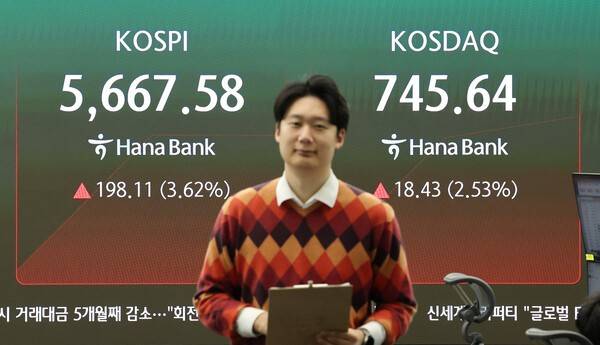 코스피가 3%대 반등세로 출발한 27일 오전 서울 중구 하나은행 본점 딜링룸에 코스피와 코스닥 지수가 표시되고 있다. [출처=연합뉴스]