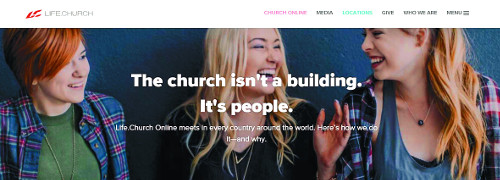 미국 라이프교회 온라인의 메인화면. “교회는 건물이 아니다. 사람들이다”라는 문구가 적혀 있다. 라이프교회 온라인 홈페이지