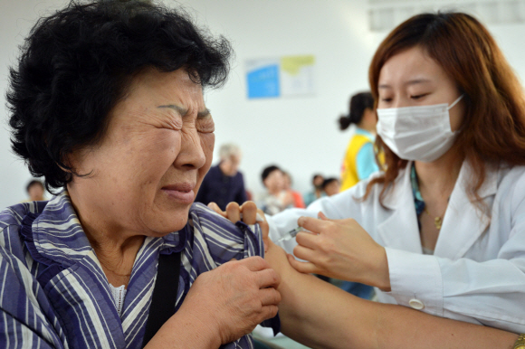 서울 광진구청에서 실시된 무료독감예방접종에서 한 할머니가 주사를 맞으며 얼굴을 찡그리고 있다. 박지환기자 popocar@seoul.co.kr