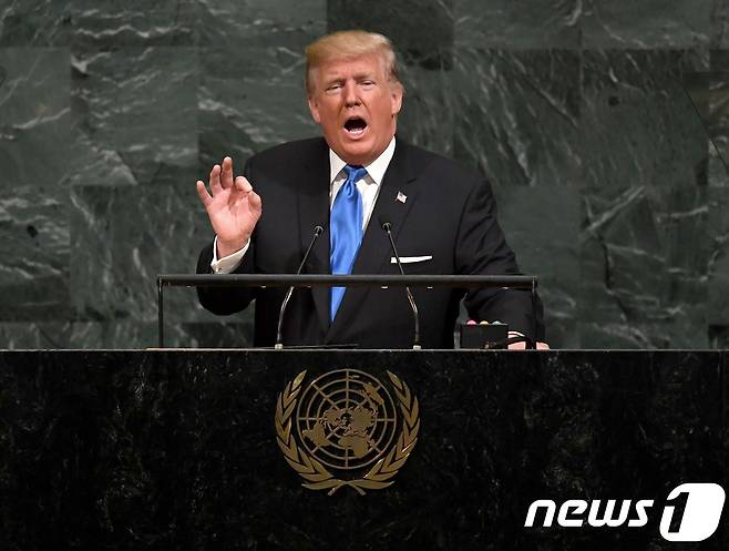 도널드 트럼프 미국 대통령은 19일(현지시간) 뉴욕에서 열린 유엔총회에서 취임후 첫 기조연설을 했다. © AFP=뉴스1
