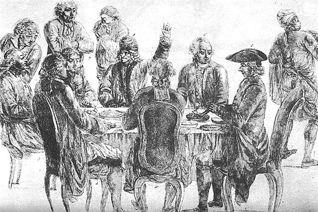 18세기 프랑스 철학자들이 모여 저녁 식사 하는 모습을 상상해 그린 스위스 화가 장 위베르의 작품. 손을 들고 있는 사람이 볼테르다. 책과함께 제공