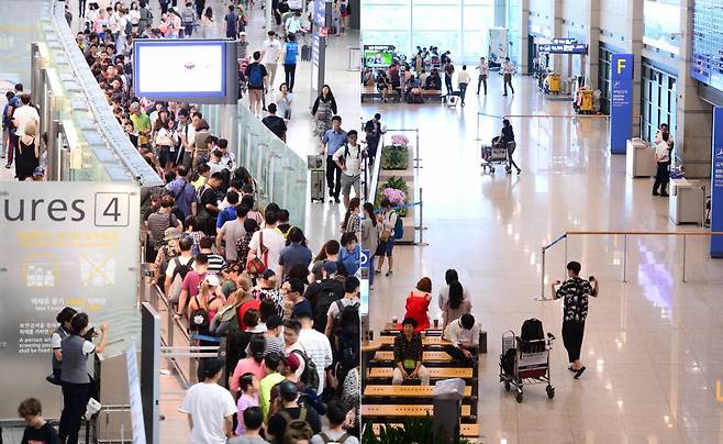 본격적인 휴가철 첫 주말인 7월 30일 오후 인천국제공항 출국장에는 해외여행을 떠나려는 휴가객으로 붐비고 있다(왼쪽). 반면 입국장에는 사드보복조치와 관련해 중국인 관광객이 줄어 썰렁한 모습을 보이고 있다. /사진=뉴시스