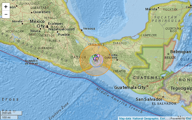23일(현지시간) 오전 7시 53분께 멕시코 남부 아악사카주(州)에서 규모 6.1의 지진이 발생했다. 이날 발생한 지진의 진앙 위치. /사진=어스퀘이크트랙닷컴