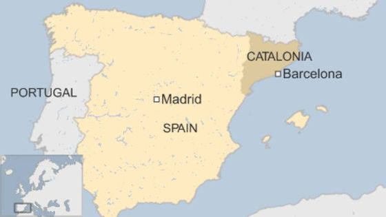 카탈루냐 지도. 짙은 색으로 표시된 부분이 카탈루냐, 옅게 칠해진 부분이 스페인이다.