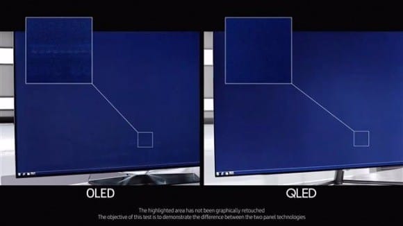 삼성전자가 지난 8월 유튜브에 올린 동영상의 TV 비교 화면. 왼쪽의 LG전자 OLED TV에는 잔상(네모 부분)이 남아 있고, 오른쪽 삼성전자 QLED TV에는 같은 부위에 잔상이 없다는 것을 보여 주고 있다.