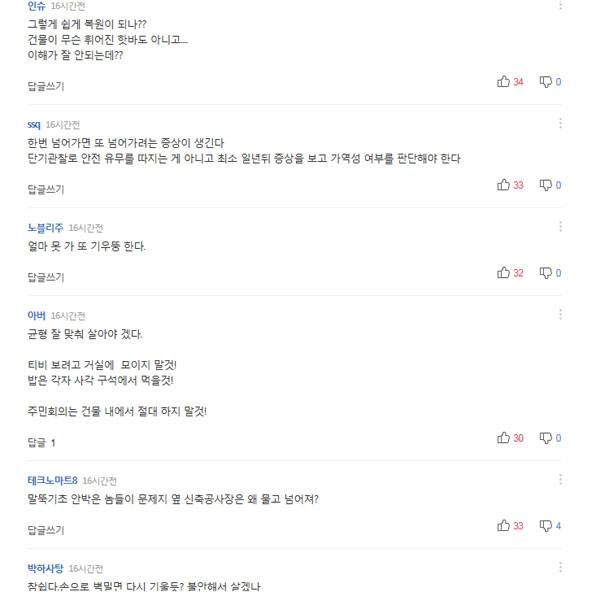 지난달 지반침하로 급격하게 기울었던 부산 사하구의 D오피스텔이 복원공사로 기울기 대부분을 회복했다는 일부 언론의 보도에 대해 네티즌들은 한번 넘어간 건물이 어떻게 원상회복되느냐며 철저한 정밀 안전진단과 관계자 문책을 요구하는 댓글을 남겼다.