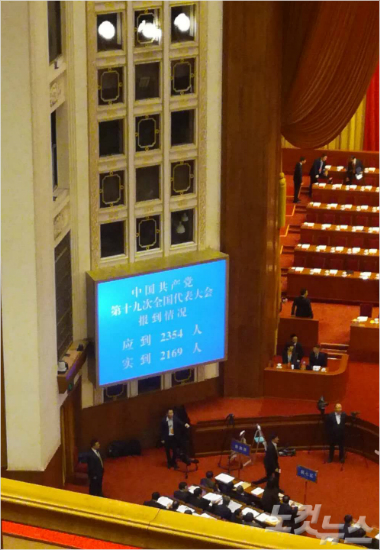 18일 중국 공산당 19차 당대회가 열린 인민대회당 대회의장에 있는 당원대표 수표시등. 개막식 시작 전 대표 정원과 회의장에 들어선 대표수를 표시하고 있다. 사진: 베이징=CBS 김중호 특파원