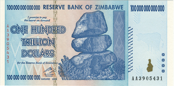 100조 짐바브웨 달러 지폐. 최근엔 수집가들 사이에 30~60달러에 거래된다. [위키피디아]