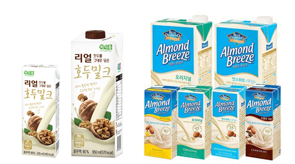 정식품 호두밀크(왼쪽) 매일유업 아몬드밀크. 유당불내증, 열량, 알레르기에 민감한 소비자들에게 흰우유 대안이 되고 있다.