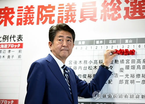 (도쿄 신화=연합뉴스) 아베 총리가 22일 도쿄 자민당사에서 당선 확정자들의 이름 위에 장미꽃을 다는 모습.      bulls@yna.co.kr
