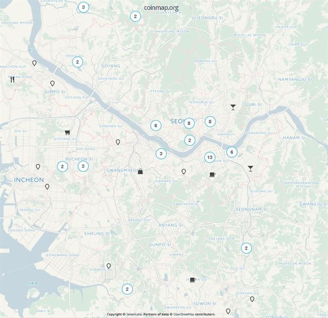코인맵(http://coinmap.org)에 표시돼 있는 서울, 경기지역 비트코인 사용 가능 상점. 인터넷 캡처