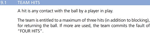 국제배구연맹(FIVB) 홈페이지에 올라온 공식 배구 규칙. 한국배구연맹(KOVO)에서는 이 내용을 
“타구는 경기 중 선수가 볼과 함께하는 모든 접촉이다. 팀은 볼을 상대 코트로 보내기 위해 최대 3회의 타구(블로킹 제외)를 할 수
 있으며, 그 이상의 타구는 ‘포 히트’ 반칙이 된다”고 번역하고 있습니다.