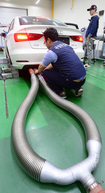2015년 10월 인천시 서구 국립환경과학원 교통환경연구소에서 검사관들이 폭스바겐이 제조한 아우디 A3 차량의 배출가스 인증 검사를 실시하고 있다. 경향신문 자료사진