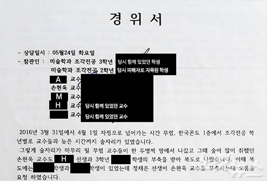당시 현장에서 고 손현욱 교수와 함께 있었던 H교수가 성추행이 없었다고 확인해주었다. A교수는 경위서를 작성하고 당사자들을 모두 모아서 당시 성추행이 없었다는 서명을 받았다.