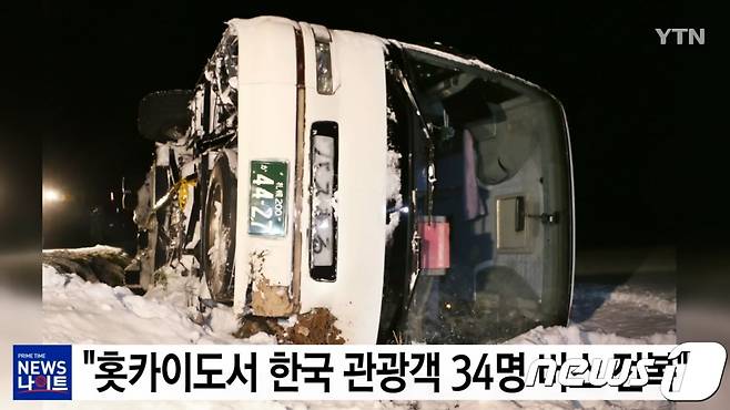 17일 오후 일본 홋카이도(北海道)에서 한국 관광객 34명을 태운 관광버스가 전복하는 사고가 발생했다. NHK 보도에 따르면 이날 오후 4시40분쯤 홋카이도 가미후라노초(上富良野町)에서 이같은 사고가 일어나 승객 전원과 운전사까지 총 35명이 다쳤다. (YTN 화면 캡쳐) 2017.12.17/뉴스1