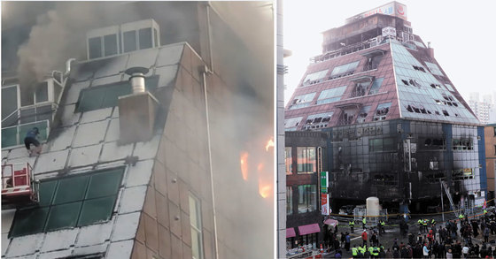21일 발생한 화재로 29명이 숨진 제천 복합상가 건물에서 탈출을 시도하는 남성. 해당 건물은 2010년 8월 9일 7층으로 사용 승인이 났다. [사진 인스타그램, 뉴스1]