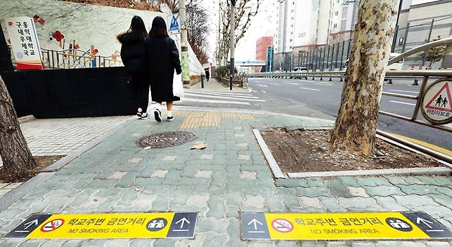 마포구 서강초등학교 통학길 바닥에 금연거리를 알리는 표지판이 붙어 있다. 정용일 기자 yongil@hani.co.kr