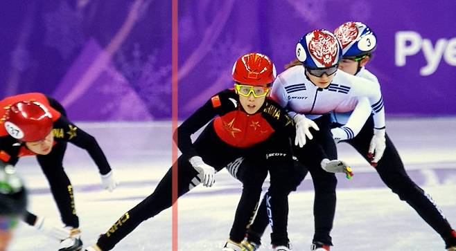 국제빙상경기연맹(ISU)가 20일 강원도 강릉 아이스 아레나에서 열린 2018 평창 동계올림픽 쇼트트랙 여자 3000m 결승에서 중국의 반칙 장면을 공개했다. / ISU 홈페이지