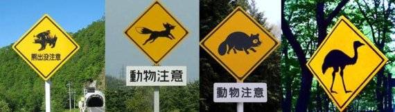일본은 '야생동물주의'라는 통칭의 안내판보다 동물 하나하나를 표지판에 넣었다.