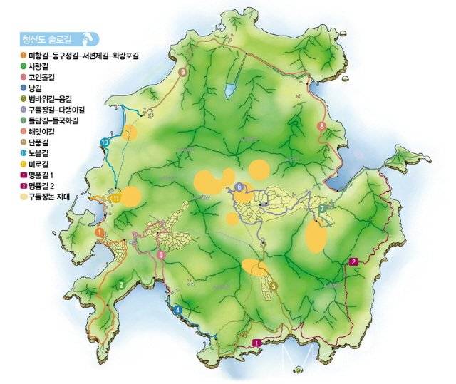 청산도 슬로길 코스도(상아색 부분은 구들장논을 가리킨다). /사진=완도군