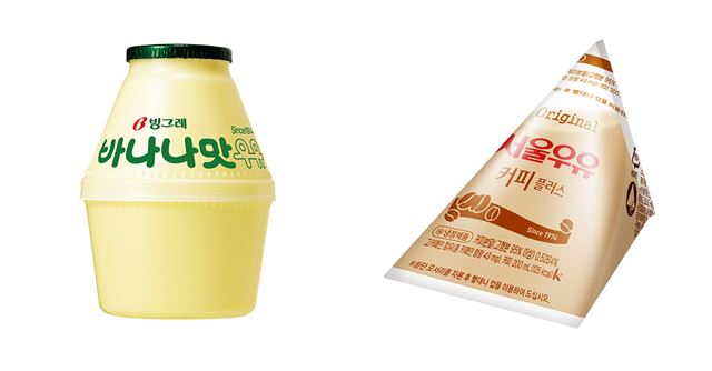 44년의 역사를 자랑하는 ‘국민 목욕탕 음료’ 빙그레 바나나맛 우유와 서울우유 커피포리우유. 빙그레ㆍ서울우유 제공