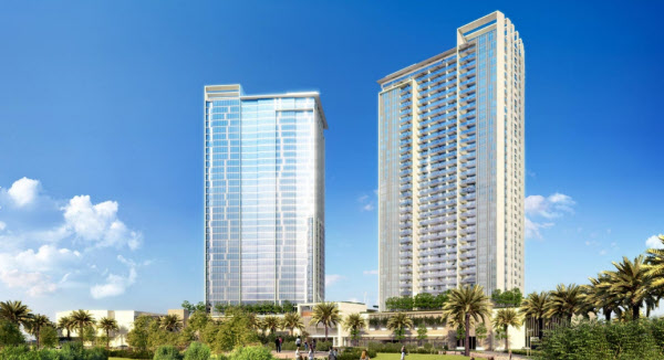 지상 40층 아파트 2개동과 상업시설로 이뤄진 두바이의 '애스턴 플라자 & 레지던스' 조감도.  /astonplazacrypto.com