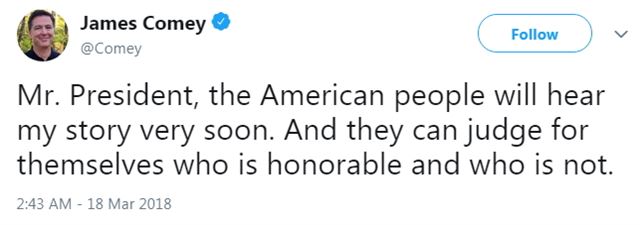 제임스 코미 전 FBI국장은 4월로 예정된 자신의 회고록 발간을 암시하며 "미국인들은 조만간 내 이야기를 듣게 될 거고 누가 명예롭고 명예롭지 않은지를 판단하게 될 것"이라고 적었다. 트위터 캡처