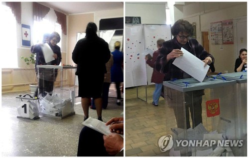 지난 18일 러시아 대선 당시 남부 우스트-제구타 지역에서 루드밀라 스캬레브스카야라는 이름의 유권자가 215번, 216번 투표소에서 각각 투표하는 모습 [REUTERS/Staff=연합뉴스]