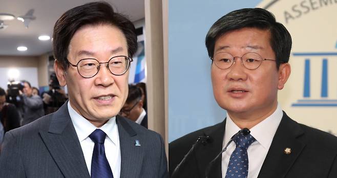 더불어민주당 경기도지사 예비후보 전해철 의원(사진 오른쪽)이 트위터 ‘혜경궁 김씨’의 주인이 같은 당 경기도지사 예비후보인 이재명(사진 왼쪽)의 부인이라는 의혹과 관련해 경기도선거관리위원회에 고발했다고 밝혔다. / 연합뉴스