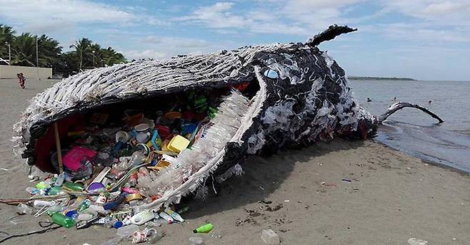그린피스 필리핀이 세계 고래의 날을 맞아 플라스틱 폐기물의 심각성을 일깨우기 위해 설치한 고래 조형물. 경고는 실제가 되고 있다. 그린피스 필리핀 제공