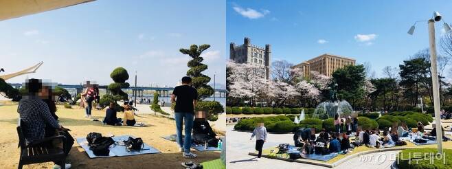 날씨가 화창했던 지난 3월31일 서울 여의도 한강공원 잔디밭에서 봄을 즐기고 있는 사람들의 모습(사진 왼쪽)과 같은 날 서울의 한 대학교 교정에서 따뜻한 오후를 즐기고있는 학생들의 모습. /사진= 남궁민 기자