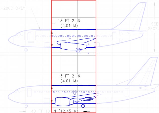 737-200(위)과 300의 엔진 크기 및 위치 비교. 300 기종 엔진이 더 앞쪽, 위쪽으로 옮겨진 것을 확인할 수 있습니다. 자료: 보잉