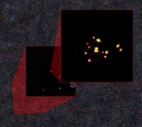 거대 은하가 형성되는 모습을 확대한 장면[제공: ALMA (ESO/NAOJ/NRAO), T. Miller & S. Chapman]