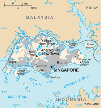 싱가포르의 지도. 서우르이 1.2배 면적이다.