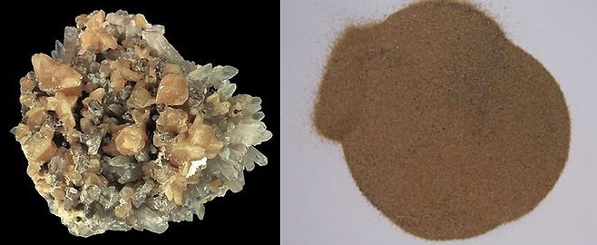 모나자이트(왼쪽)와 모나자이트 가루(오른쪽). 각종 음이온 제품에 가장 많이 쓰이는 광물이다. - wikipedia 제공