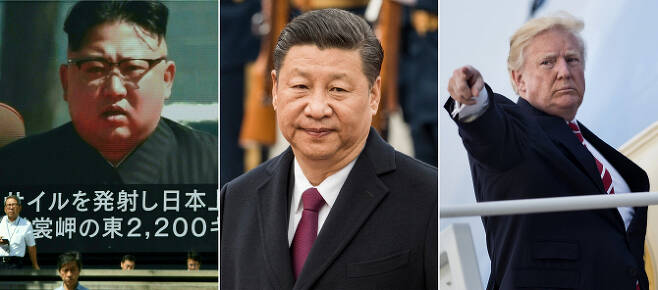 (왼쪽부터) 김정은 북한 국무위원장, 시진핑 중국 국가주석, 도널드 트럼프 미국 대통령. (사진=AFP PHOTO)