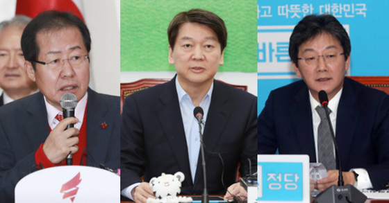왼쪽부터 홍준표 자유한국당 대표, 안철수 바른미래당 서울시장 후보, 유승민 바른미래당 공동대표.