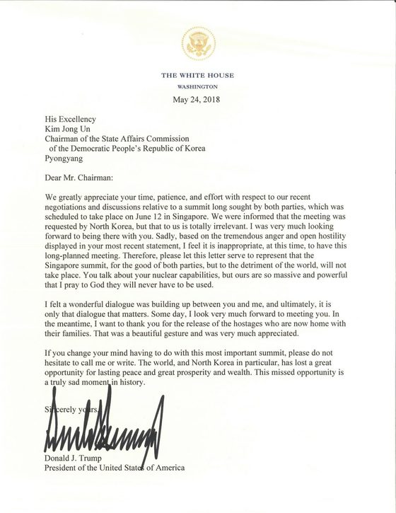 24일(현지시각) 도날드 트럼프 미국 대통령이 백악관 홈페이지를 통해 김정은 북한 국무위원장에게 보낸 서한을 공개했다. (백악관 홈페이지) © News1