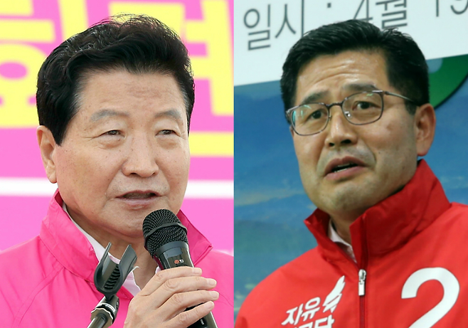 창원시장 선거에 출마한 무소속 안상수 후보(사진 왼쪽)와 자유한국당 조진래 후보 ⓒ연합뉴스